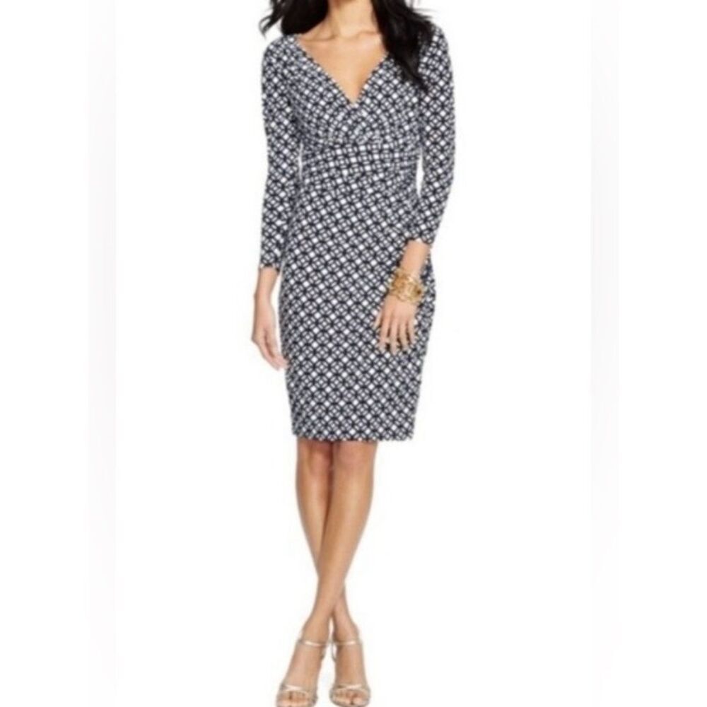 Lauren Ralph Lauren Geometric Mock Wrap Dress in Black/White Women’s 14